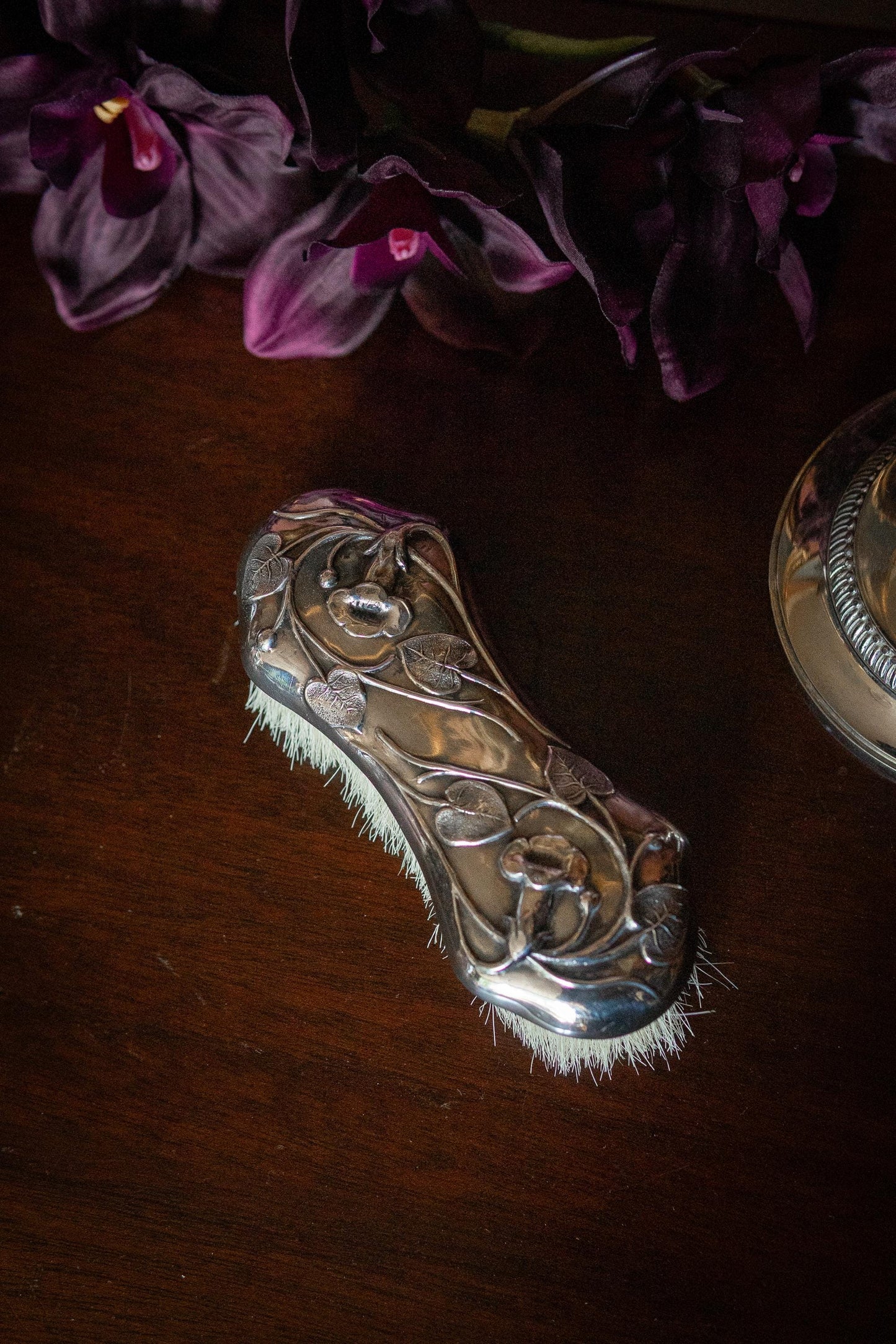 Antique art nouveau silver plate clothing brush