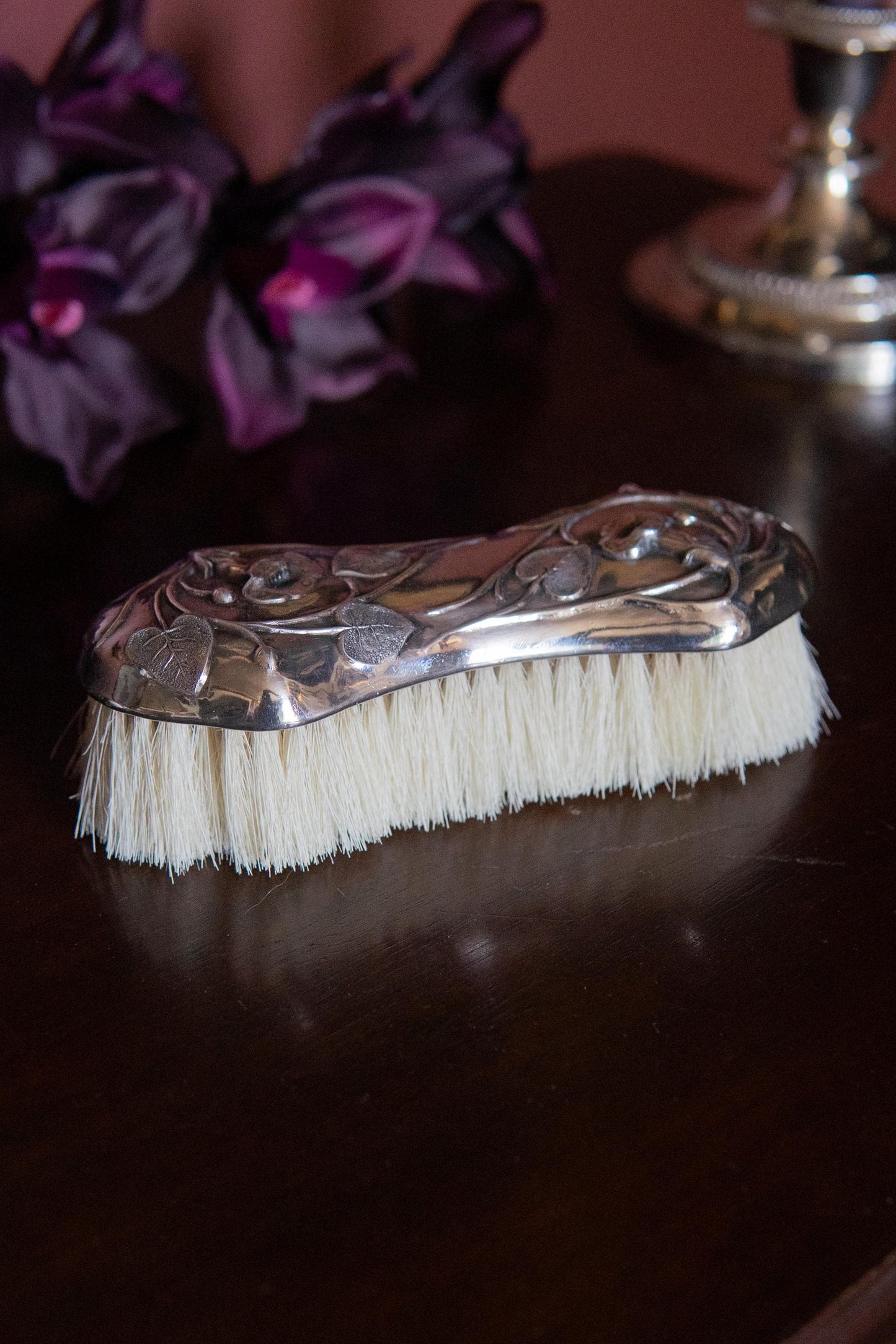 Antique art nouveau silver plate clothing brush